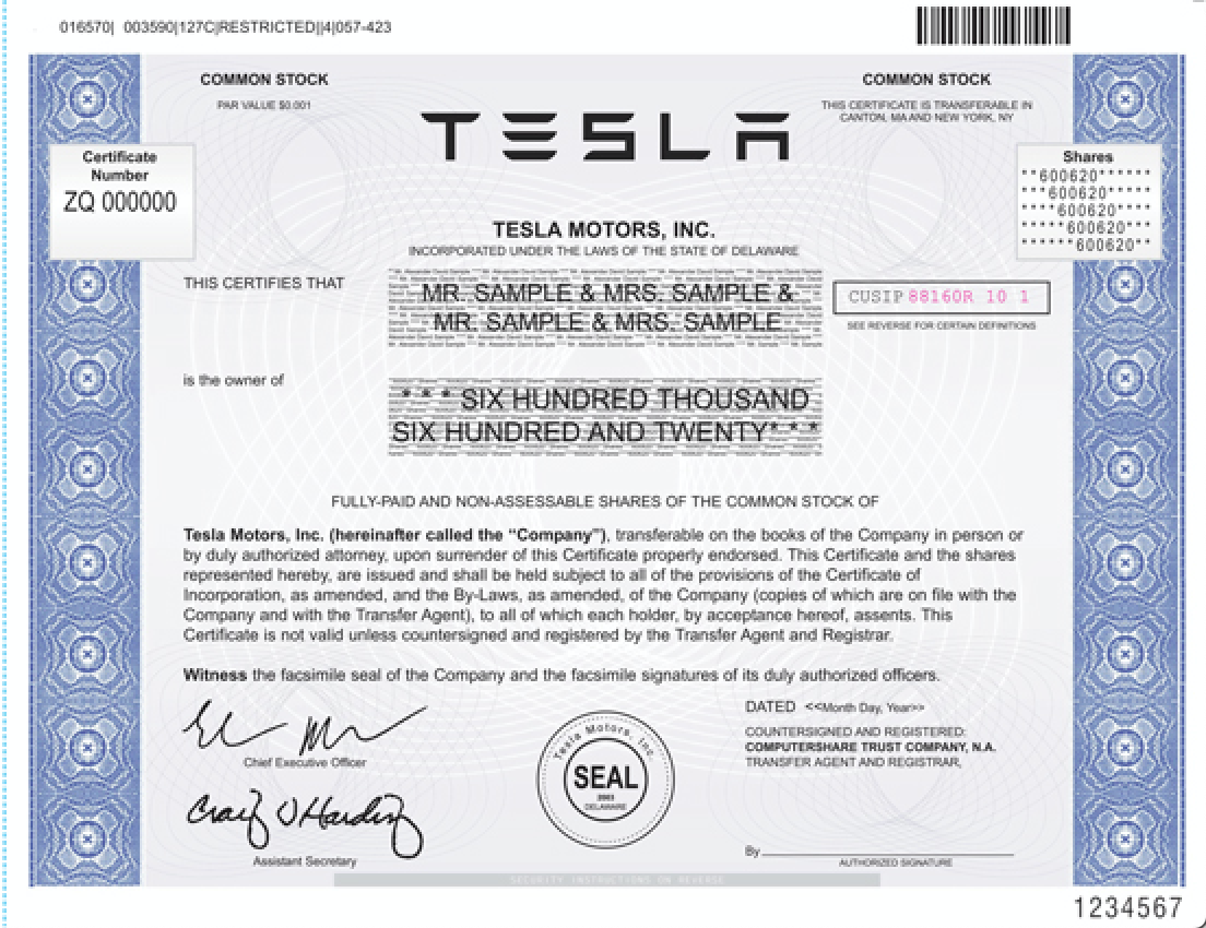 Tesla Stock Certificate
